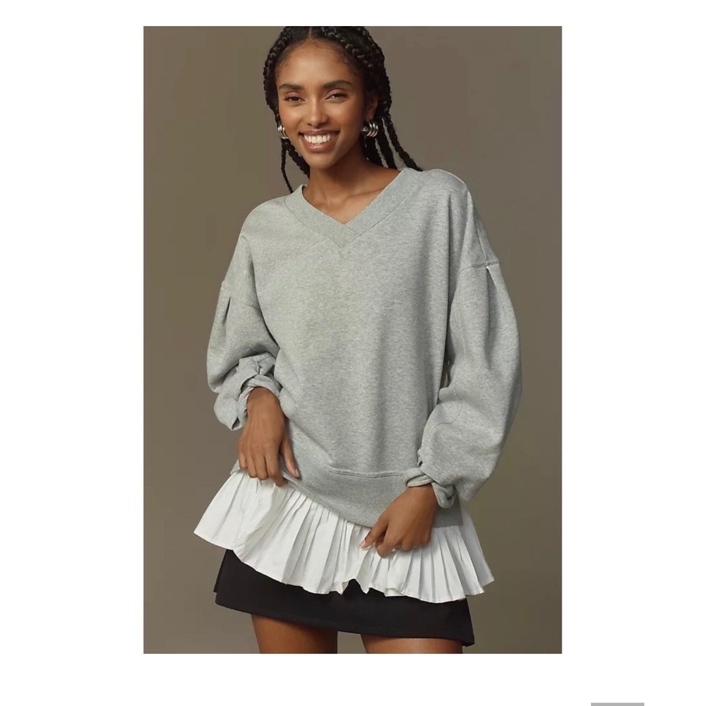 Anthropologie Maeve Gray V-Neck Twofer Knit Pullover Sweatshirt White Boho XL